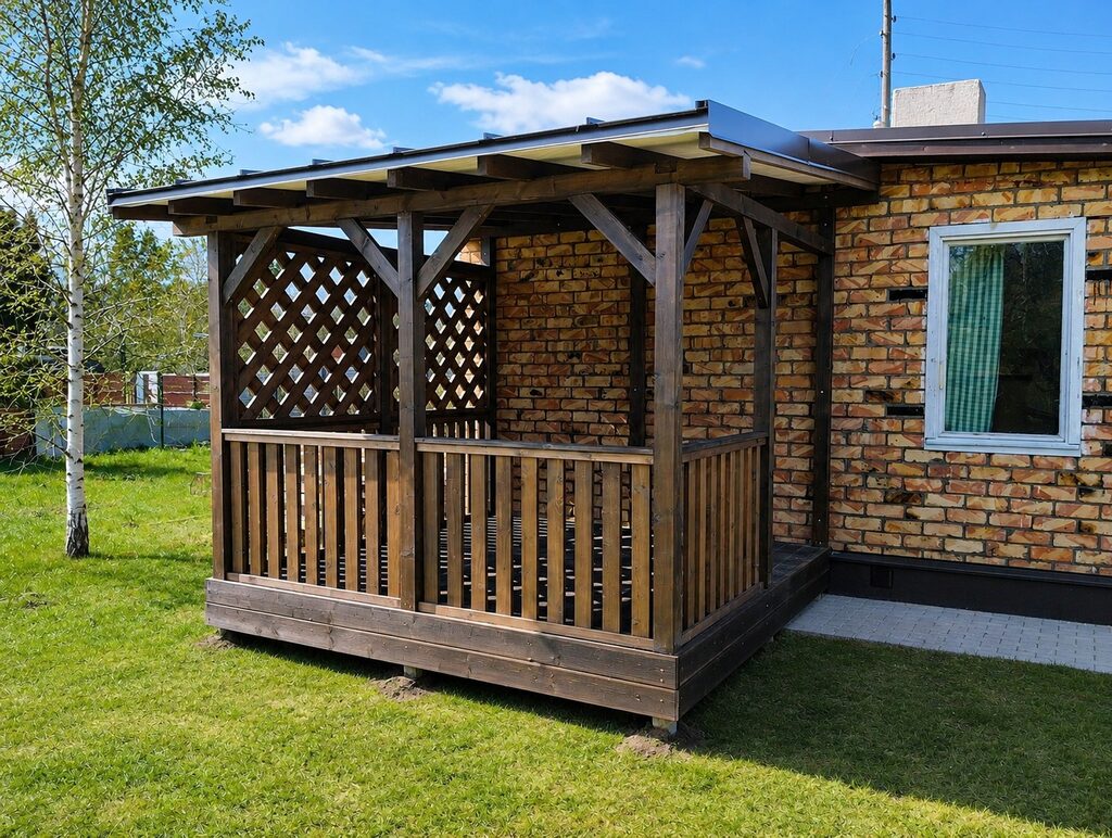 Attēlā redzama koka terase pie mājas ar ķieģeļu sienu un zāles laukumu.